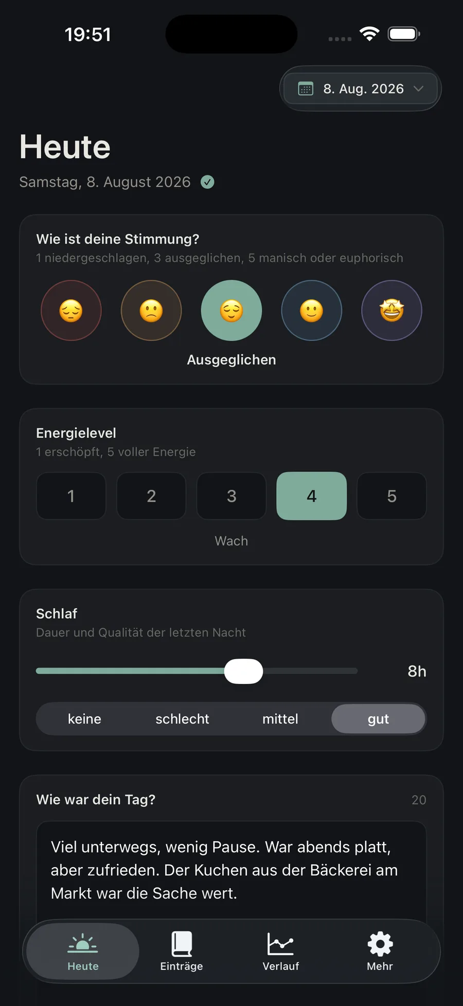 Bildschirm der App Tagebuch